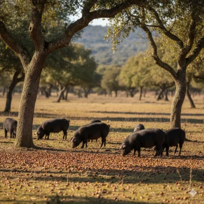 Iberian pigs grazing in the pastureland
